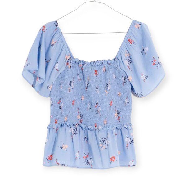 Madewell Romantic Aloha Floral Blue Smocked Flutter-Sleeve Top  size S - Picture 2 of 14